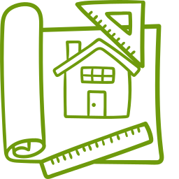 Icon showcasing a blueprint, rulers, and a house, illustrating the rehabbing process in a cash offer.